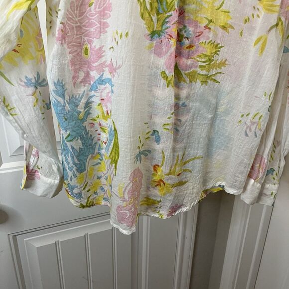 Magazine Floral Sheer Boho Embroidered V Neck Blouse Top Size L Roll Tab Sleeve - Picture 10 of 11